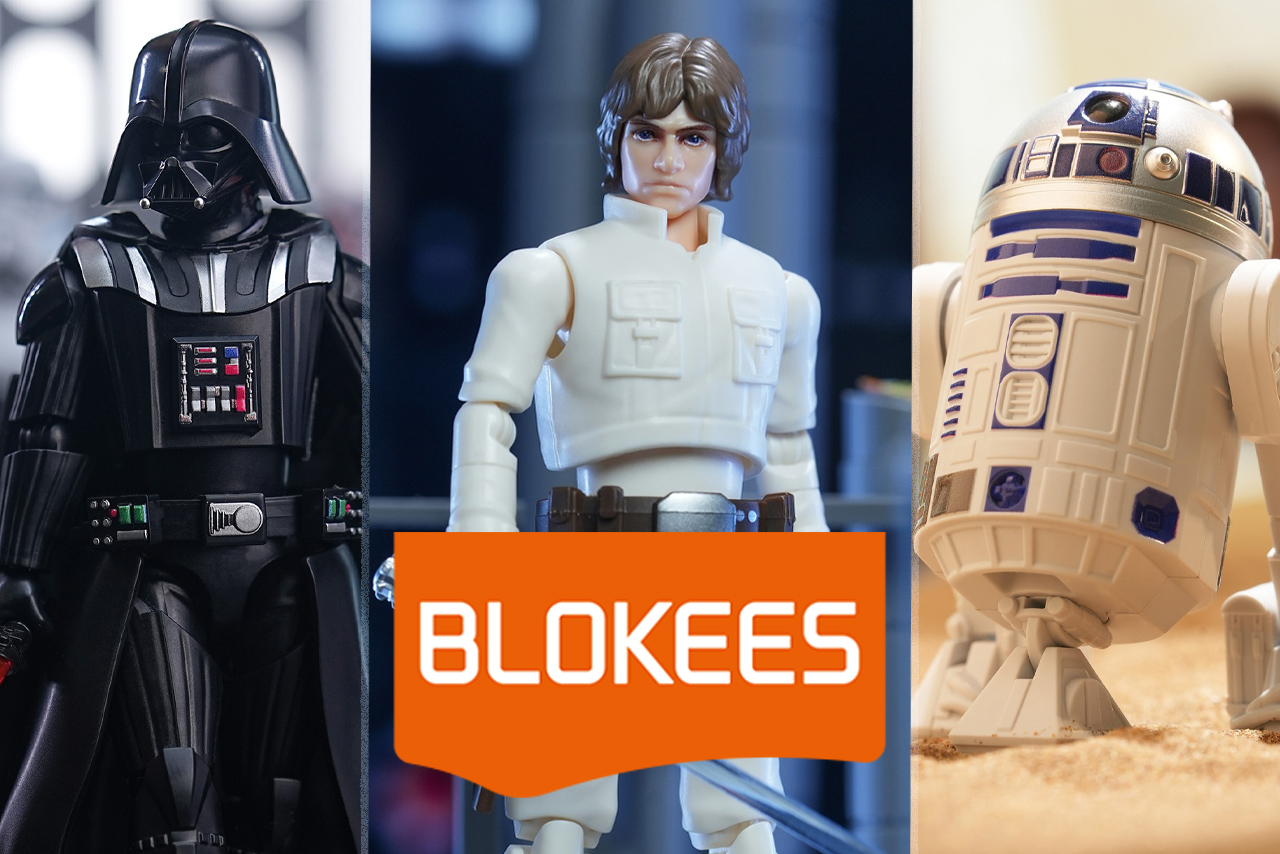 A three-panel collage showcasing Blokees Star Wars Galaxy Version 02 model kits of Darth Vader, Luke Skywalker in Cloud City fatigues, and R2-D2.