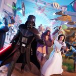 A chaotic battle scene in Fortnite featuring Darth Vader, Princess Leia, and The Mandalorian, representing the new Fortnite Star Wars Battlefront mode.