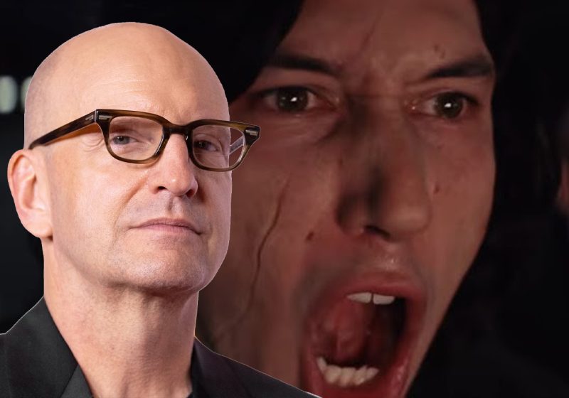A composite image featuring director Steven Soderbergh in the foreground and a distressed Ben Solo (Adam Driver) from Star Wars in the background.