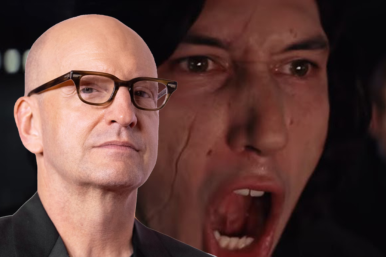 A composite image featuring director Steven Soderbergh in the foreground and a distressed Ben Solo (Adam Driver) from Star Wars in the background.