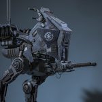 A side profile view of the Hot Toys 1/6th scale Imperial Remnant AT-RT walker featuring battle-worn weathering and an Imperial crest.