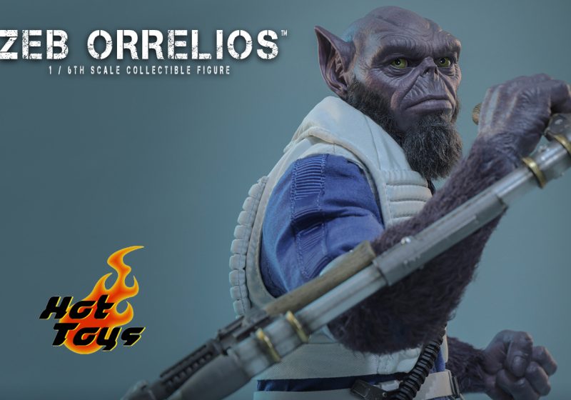 Close-up profile of the Hot Toys Zeb Orrelios 1/6th scale collectible figure featuring hyper-realistic purple Lasat skin texture, implanted facial hair, and the AB-75 Bo-Rifle.
