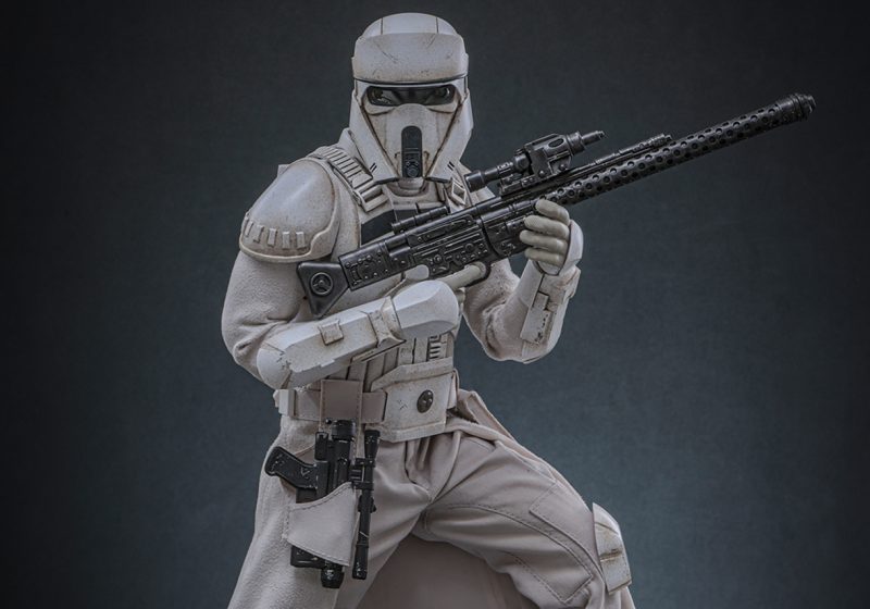 A 1/6th scale Hot Toys Imperial Remnant AT-RT Driver figure from the movie The Mandalorian & Grogu, featuring weathered beige armor and holding a DLT-20A blaster rifle.