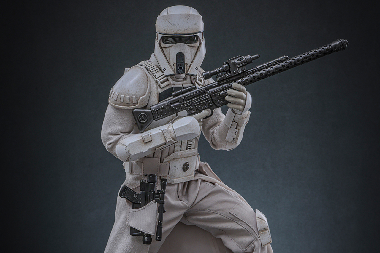 A 1/6th scale Hot Toys Imperial Remnant AT-RT Driver figure from the movie The Mandalorian & Grogu, featuring weathered beige armor and holding a DLT-20A blaster rifle.