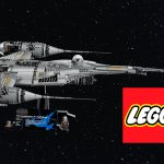 A side profile of the LEGO 75442 UCS Mandalorian N-1 Starfighter on a black display stand against a starfield background, featuring a printed information plaque and minifigures of Din Djarin and Grogu.