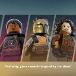 A banner for the LEGO Star Wars Castaways Mandalorian event featuring LEGO minifigures of Din Djarin with Grogu, Moff Gideon, The Armorer, Peli Motto, and a Dark Trooper against a paneled background.