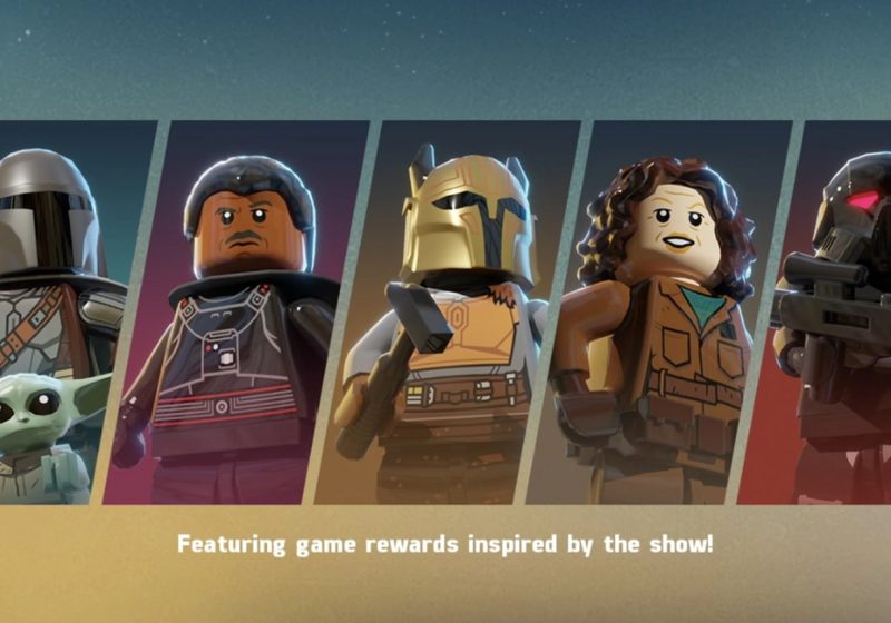 A banner for the LEGO Star Wars Castaways Mandalorian event featuring LEGO minifigures of Din Djarin with Grogu, Moff Gideon, The Armorer, Peli Motto, and a Dark Trooper against a paneled background.