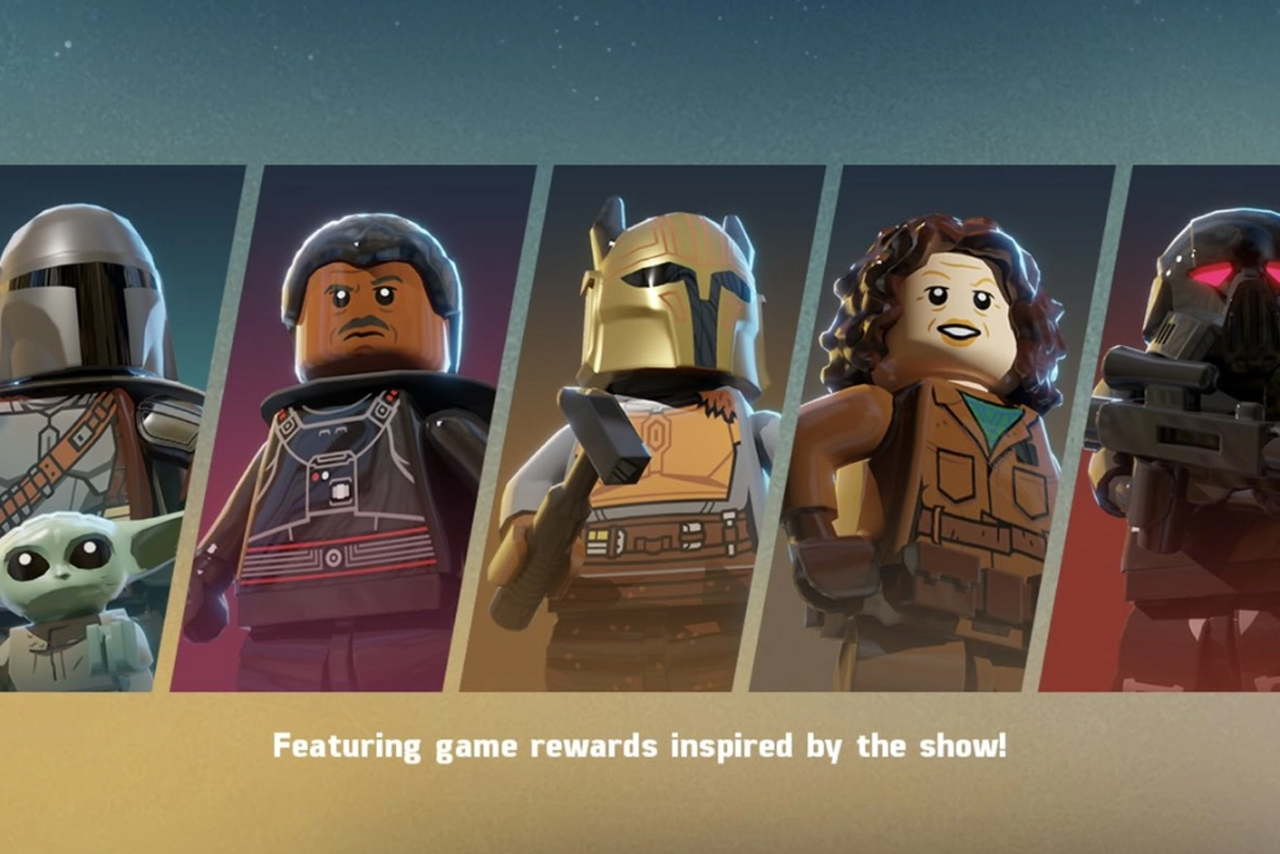 A banner for the LEGO Star Wars Castaways Mandalorian event featuring LEGO minifigures of Din Djarin with Grogu, Moff Gideon, The Armorer, Peli Motto, and a Dark Trooper against a paneled background.