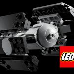 A micro-scale LEGO TIE Advanced starfighter model featuring grey and black bricks with a transparent cockpit dome and the red LEGO logo in the corner.