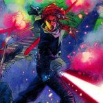 Comic book style illustration of Mara Jade with vibrant red hair, wielding a magenta lightsaber and a blaster during a chaotic battle.