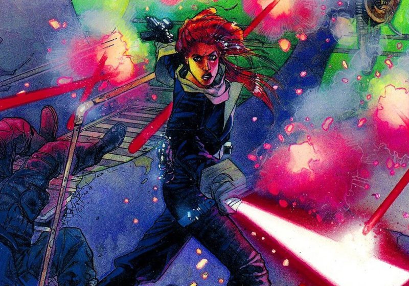 Comic book style illustration of Mara Jade with vibrant red hair, wielding a magenta lightsaber and a blaster during a chaotic battle.