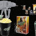 The complete collection of The Mandalorian and Grogu Cineplex merchandise, including popcorn buckets and cups.