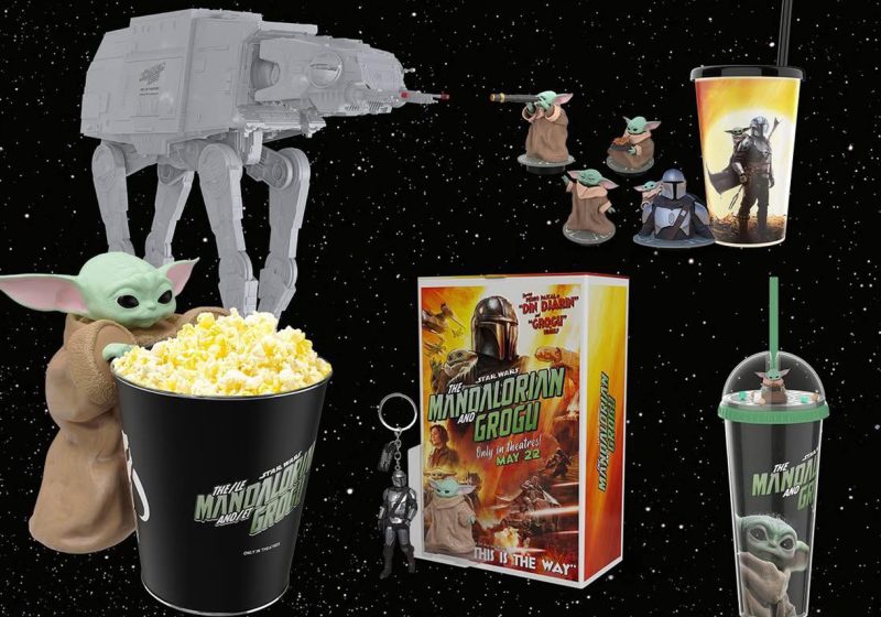 The complete collection of The Mandalorian and Grogu Cineplex merchandise, including popcorn buckets and cups.