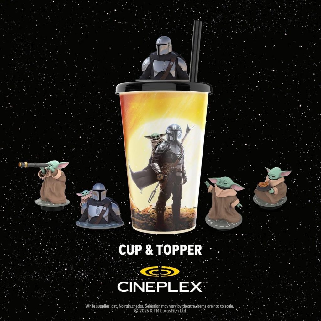 A movie cup with wraparound artwork and four different collectible toppers featuring the Mandalorian and Grogu.