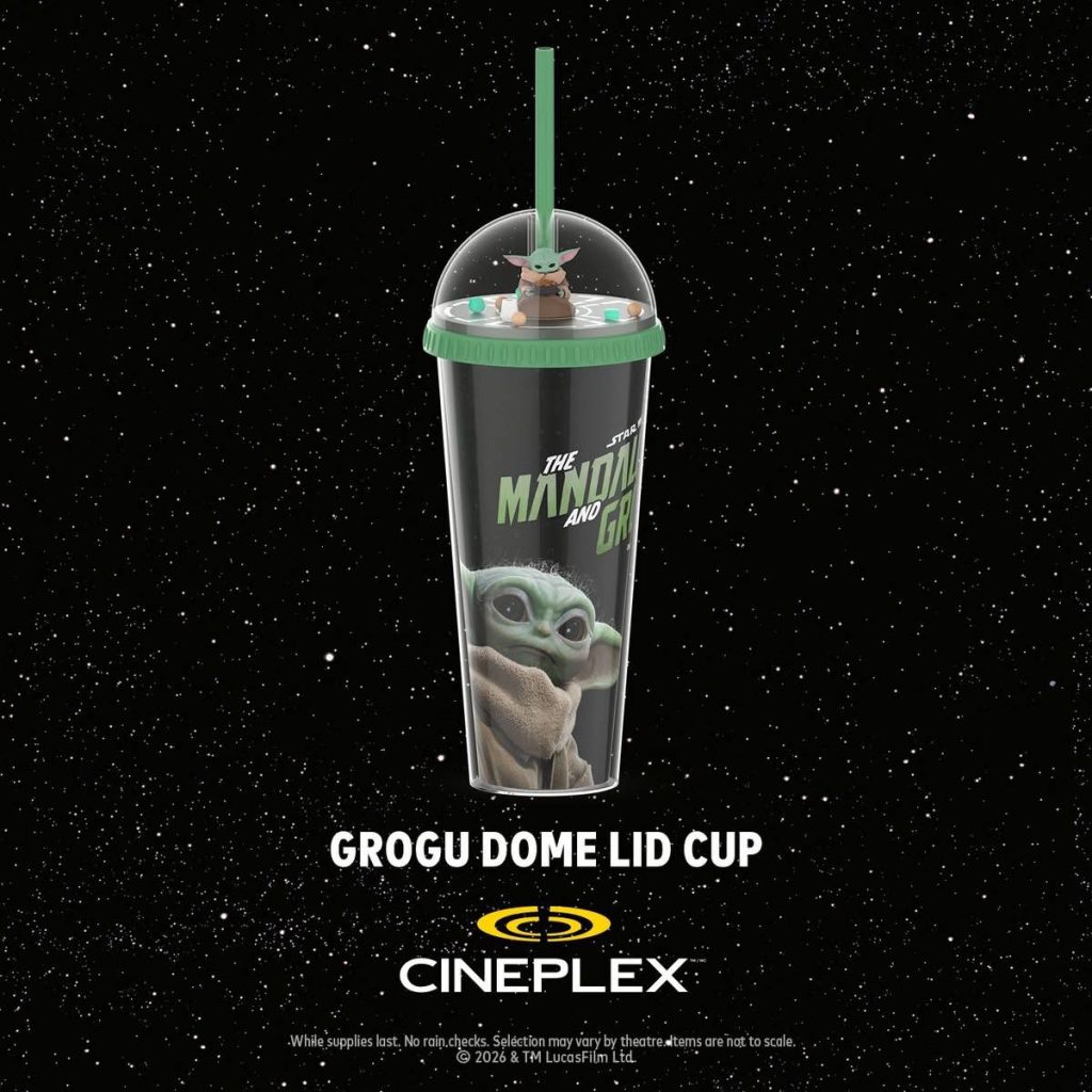 A dark translucent green cup with a clear dome lid containing a small Grogu figurine.