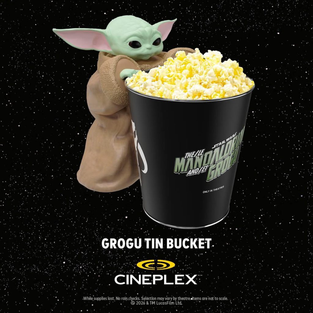 A black popcorn tin featuring a 3D Grogu figure hugging the side.