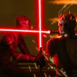 Maul clashes red lightsabers with the masked Inquisitor Marrok in a high-stakes duel from the animated series Star Wars: Maul – Shadow Lord.