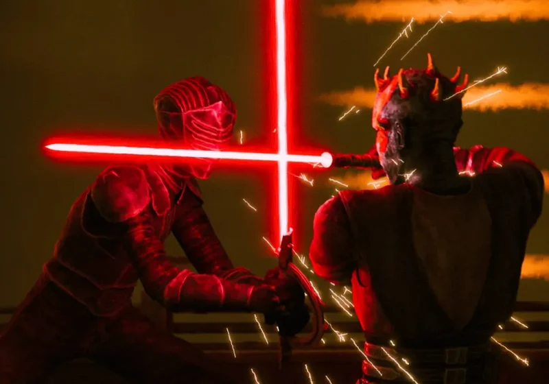 Maul clashes red lightsabers with the masked Inquisitor Marrok in a high-stakes duel from the animated series Star Wars: Maul – Shadow Lord.