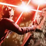 Maul clashing red lightsabers with the masked Inquisitor Marrok and Crow in a fiery, orange-lit cavern from Maul: Shadow Lord.