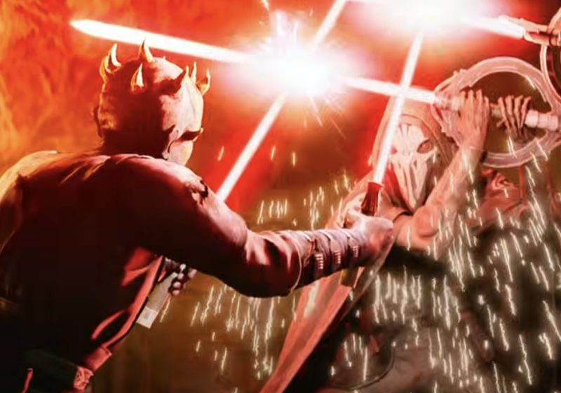 Maul clashing red lightsabers with the masked Inquisitor Marrok and Crow in a fiery, orange-lit cavern from Maul: Shadow Lord.