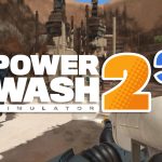 First-person view of a player using a specialized white power washer to clean a dirty Tatooine moisture farm in the PowerWash Simulator 2 Star Wars Pack.