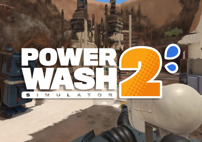 First-person view of a player using a specialized white power washer to clean a dirty Tatooine moisture farm in the PowerWash Simulator 2 Star Wars Pack.