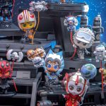 A group of Hot Toys Star Wars Balloon Cosbi Series 2 bobble-head figures including Luke Skywalker, Darth Vader, Ahsoka Tano, and Queen Amidala holding thematic balloons.