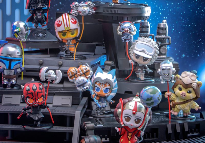 A group of Hot Toys Star Wars Balloon Cosbi Series 2 bobble-head figures including Luke Skywalker, Darth Vader, Ahsoka Tano, and Queen Amidala holding thematic balloons.