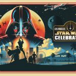Official key art for Star Wars Celebration 2027 in Los Angeles, featuring Darth Vader’s helmet looming over a stylized LA skyline with Luke Skywalker and Princess Leia in a heroic pose, paying homage to the original 1977 movie poster.