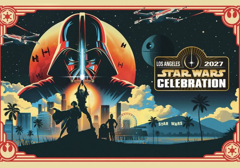 Official key art for Star Wars Celebration 2027 in Los Angeles, featuring Darth Vader’s helmet looming over a stylized LA skyline with Luke Skywalker and Princess Leia in a heroic pose, paying homage to the original 1977 movie poster.