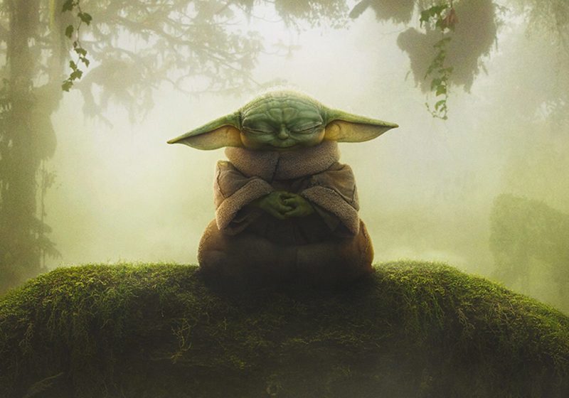 Grogu meditating in a misty forest scene from the final trailer of The Mandalorian and Grogu movie.