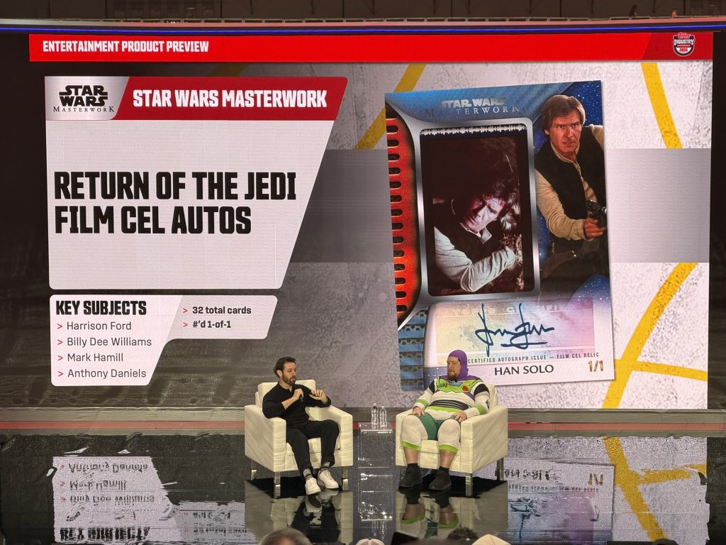 A promotional preview of Star Wars Masterwork 2026 trading cards featuring film cels.