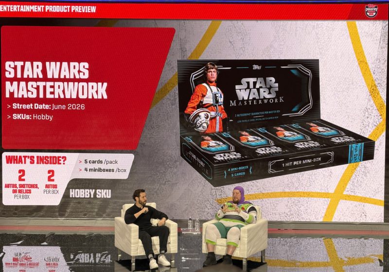 A promotional preview of Star Wars Masterwork 2026 trading cards featuring a TIE Fighter relic and a Return of the Jedi film cel.