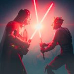 Darth Vader and Maul clashing red lightsabers in a dark, foggy environment during the Maul Shadow Lord finale.