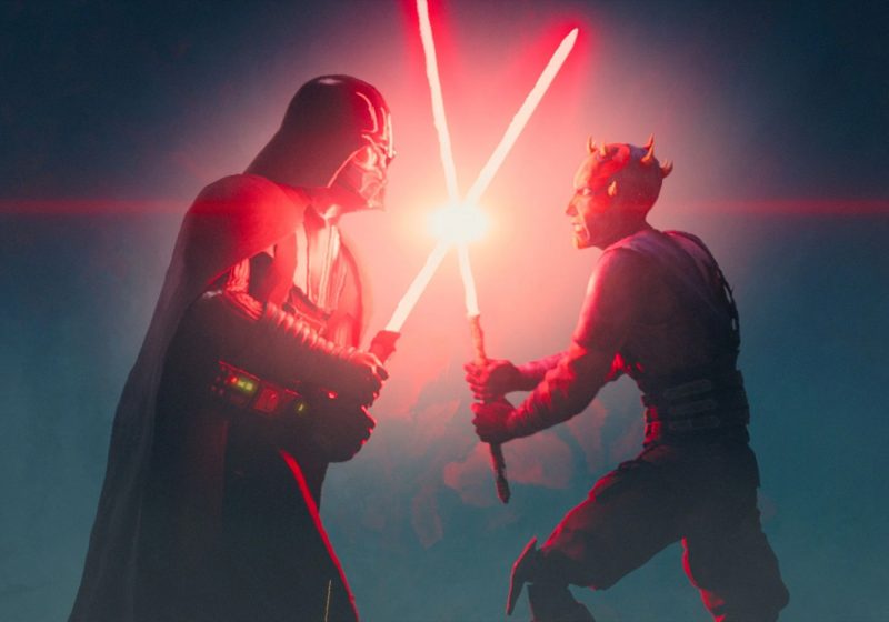 Darth Vader and Maul clashing red lightsabers in a dark, foggy environment during the Maul Shadow Lord finale.