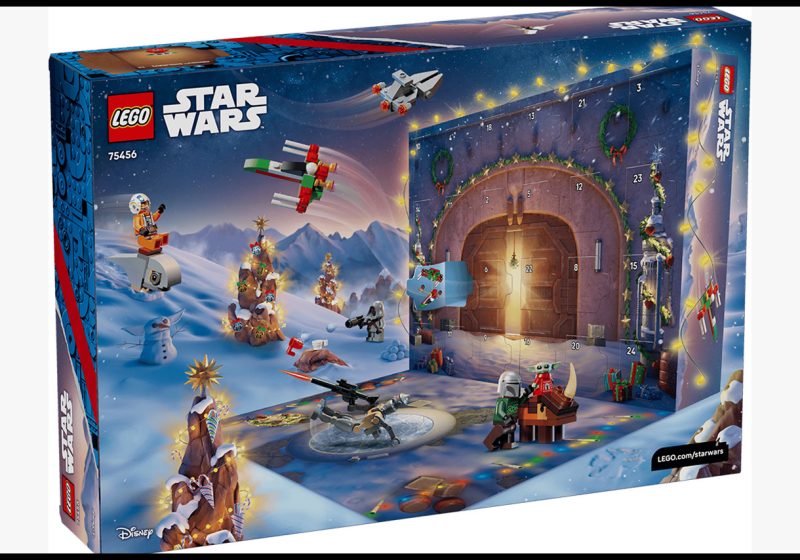 Box art for LEGO 75456 Star Wars Advent Calendar 2026 featuring Mandalorian-themed minifigures and festive micro-builds in a snowy landscape.