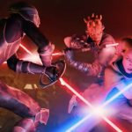 Darth Maul and a Twi'lek ally engage in a high-stakes lightsaber duel against an Imperial Inquisitor in the Maul: Shadow Lord Season 1 Finale.