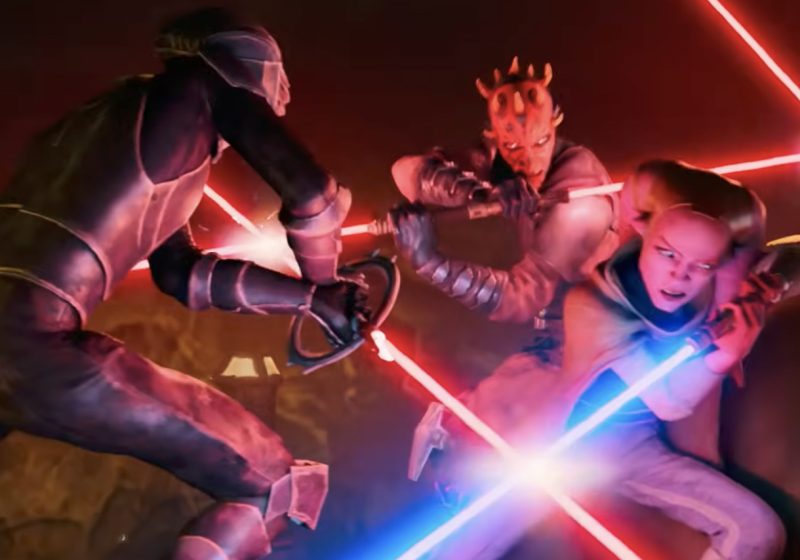 Darth Maul and a Twi'lek ally engage in a high-stakes lightsaber duel against an Imperial Inquisitor in the Maul: Shadow Lord Season 1 Finale.