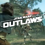 Kay Vess firing a blaster at a Stormtrooper while Nix attacks in a lush jungle setting from Star Wars Outlaws.