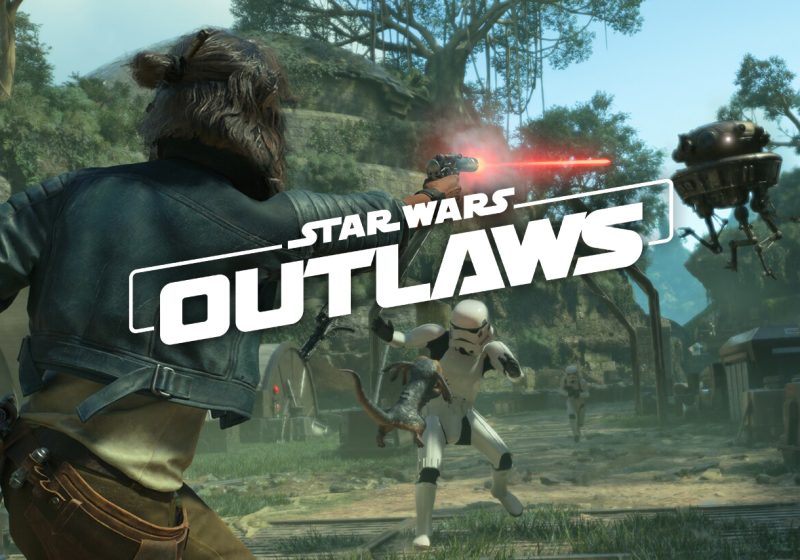 Kay Vess firing a blaster at a Stormtrooper while Nix attacks in a lush jungle setting from Star Wars Outlaws.